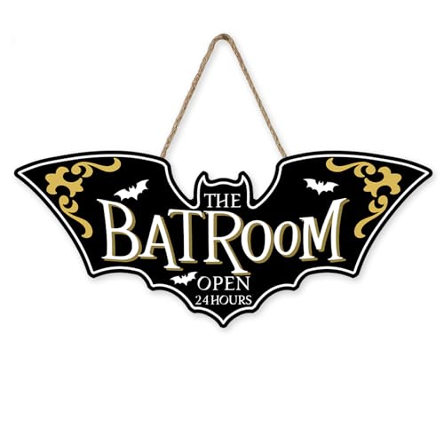 Bolisom Halloween The Bat Room Open 24 Hours Front Door Sign, Scary Wood Hanger Bathroom Toilet Restroom Home Decor, Horror Black Gold Wooden Wreath Indoor Wall Hanging Washroom Decoration