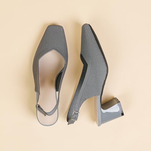 Women's Knit Slingback Heels Pumps with Adjust Ankle Strap Fashion Breathable Closed Square Toe Chunky Heel Mules Sandals Work Office Wedding Dressy Shoes3