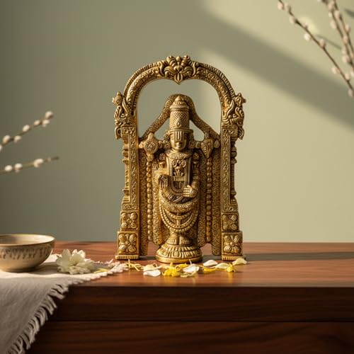 Image of eCraftIndia Golden Brass Tirupati Balaji Idol Lord Venkateswara Murti for Mandir Temple Lord Balaji Statue for Home Decor Car Dashboard