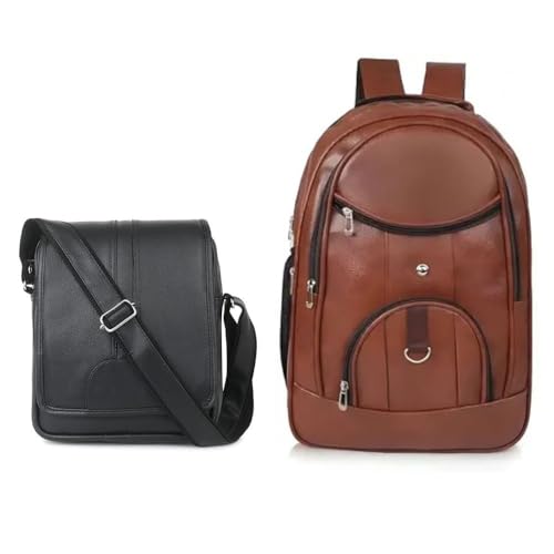 Treggo Unisex Leather Bag Combo Set – Brown Laptop Backpack & Black Crossbody Messenger Bag (2 Piece) | Office, Travel & College Work Bags for Men & Women