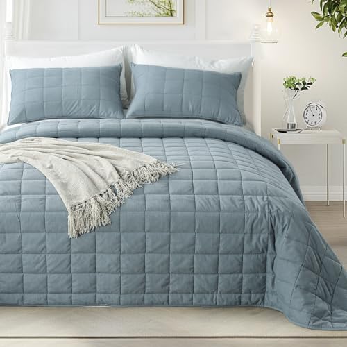 KASENTEX Twin Quilt Set 68"x86"  Soft Washed 3-Layer Lightweight Bedspread, Minimalist Nordic Design, All-Season Spring & Summer Quilt Set (1 Quilt + 2 Pillow Shams), Corduroy Blue