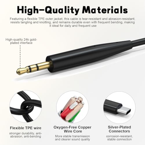 Image of Replacement USB C Audio Cable for Bose QuietComfort Ultra /QC45 /QC35, Black | USB C to 2.5mm Aux Cord Compatible with Bose QuietComfort Ultra 2nd Gen, QuietComfort, QC35, QC25, 700 for iPhone 17, MAC, PC