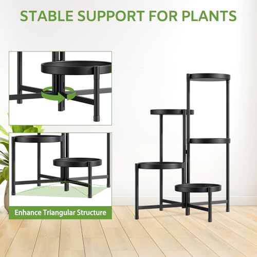 Image of iDavosic.ly 5 Tier Large Plant Stand Indoor with 10 Inch Wide Tray, Tiered Corner Metal Outdoor Flower Display Holder Shelf, Folding Tall Rack for Patio Porch Living Room, Modern Black
