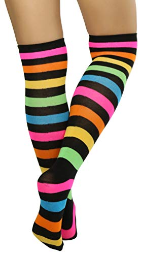 Image of ToBeInStyle Women's Bright Vibrant Rainbow Striped Thigh High Rave Stockings
