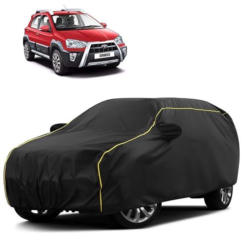 Image of Sulfar 100% Water Resistant Car Body Cover Compatible with Mirror for Toyota Etios Cross (Triple Stitched, Full Bottom Elastic, Black Taffeta with Yellow Piping)