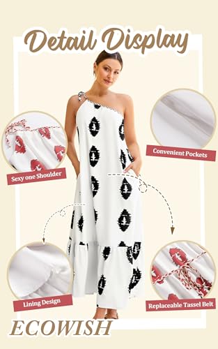 Image of ECOWISH Womens Summer One Shoulder Maxi Dress Casual Polka Dot Midi Dresses Sleeveless Long Pockets Sundress Beach Vacation