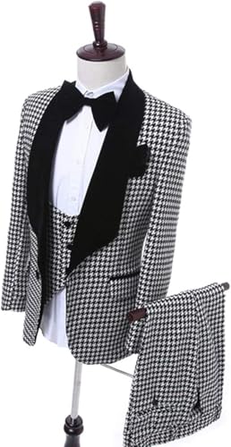 Slim Fit Mens Plaid Suit Houndstooth Tuxedo Wedding Party Groom Suits Jacket Vest Pant 3 Piece Set4