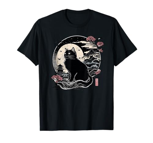 Retro Kawaii Black Cat Japanese Anime Cat T-Shirt
