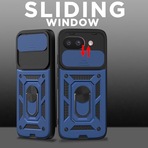 Image of Pikkme Back Cover for Google Pixel 9A | 360 Protection Case | Sliding Camera Shield Cover & Ring Holder Stand D10 Tough Armor Bumper Case (Blue)