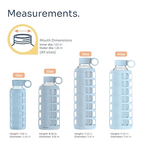 purifyou 40oz / 32oz / 22oz / 12oz Borosilicate Glass Water Bottle with Time & Volume Markers, Silicone Sleeve, Stainless Steel Lid | Reusable Glass Bottle for Water & Juice (22oz Ice Blue)