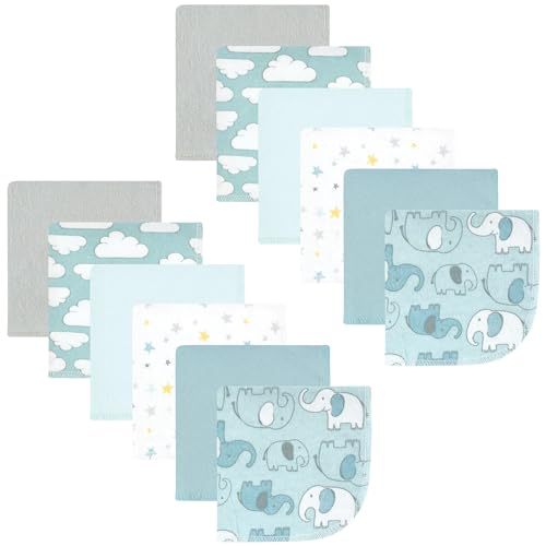 Image of Hudson Baby Unisex Baby Flannel Cotton Poly Washcloths, Boy New Elephant 12Pk, One Size