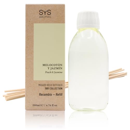 SYS Aromas Ambientador Recambio Mikado Melocotón y Jazmín 1991 – Recarga para Difusor con Varillas – Larga Duración – Ideal para Hogar, Oficina, Baño – 200 ml con 5 Varillas SYS Aromas Ambientador Recambio Mikado Melocotón y Jazmín 1991 – Recarga para Difusor con Varillas – Larga Duración – Ideal para Hogar, Oficina, Baño – 200 ml con 5 Varillas