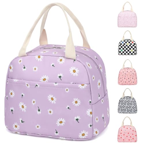 Lroiutian Lunch Bag for Women Girls Insulated Reusable Lunch Tote with Handle, Lightweight Water-Resistant Polyester Lunch Box Cooler-Daisy Purple