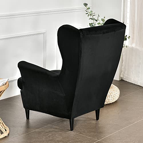 Highdi Wingback Chair Covers 2 Piece Stretch Wing Chair Slipcover, Fashion Solid color Velvet Strandmon Sofa Cover Furniture Protector for Armchair Chairs Living Room Bedroom Hotel (Black) - Image 4