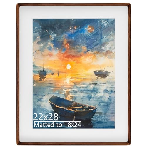 Husteria 22x28 Picture Frame in Natural Walnut Wood, Solid Wooden Photo Frames Matted to 18x24, Gallery Poster Frames for Wall Mount