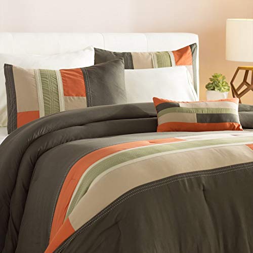 Best Review OS 4 Piece Full Queen Olive Green Orange Striped Comforter Set, Geometric Pattern Featuring Grey Stripes, Modern Circuit Design, Vibrant Colorful Bedding for Boys, Rectangle Blocks Patchwork Rugby