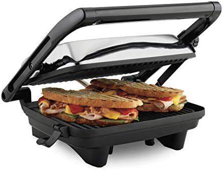 Hamilton Beach Electric Panini Press Grill with Locking Lid, Opens 180 Degrees for any Sandwich Thickness (25460A) Nonstick 8" X 10" Grids Chrome Finish, Medium