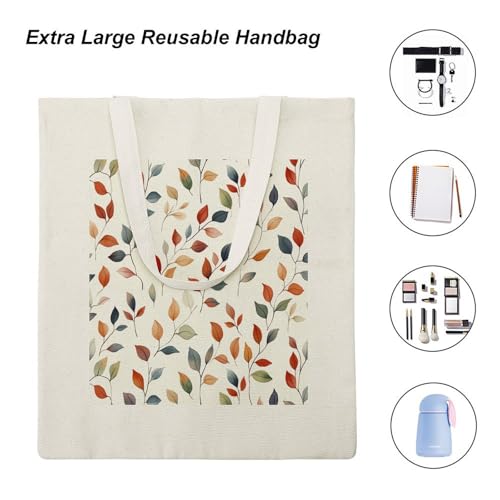 Orange Blue Watercolor Leaves Canvas Tote Bag Fall Leaves Reusable Shoulder Tote Bag for Shopping, Gym4