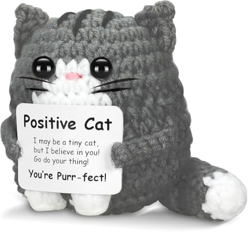 AHANKERE Positive Crochet Cat Animal Emotional Support Crochet Cat Handmade Crochet Animals Lover Gifts for Women Men,Handmade Funny Mini Birthday Cute Cat Decor Mom Grandma Daughter Son Friends(Grey)