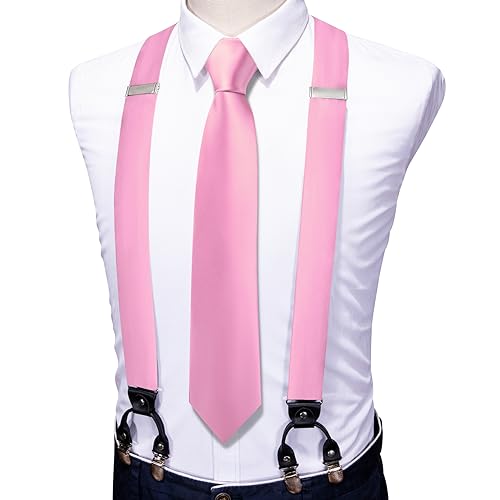 Image of Barry.Wang Men Suspender Set with Necktie Elastic Y Type Heavy Duty 6 Clips Braces Tie Handkerchief Cufflink Pin 6PCS
