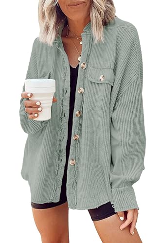 Nirovien Waffle Knit Tops for Women Oversized Waffle Shacket Fall Outfits Spring Clothes Shacket(Dusty Green,M)