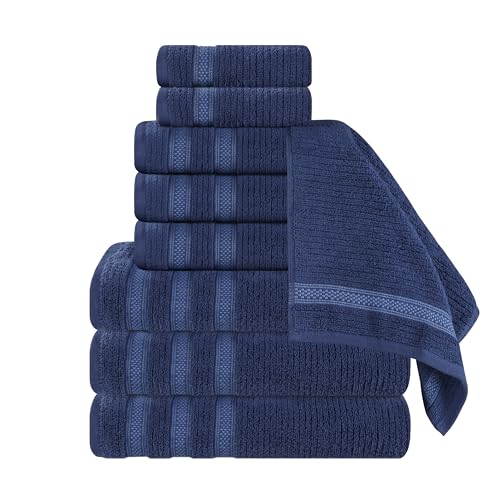 SUPERIOR Cotton 9-Piece Towel Set, Zero Twist, Ribbed Geometric, Bathroom Essentials, Shower, Spa, Luxury Plush Soft Absorbent Towels, Includes 3 Bath, 3 Hand, 3 Washcloth/Face Towels, Navy Blue