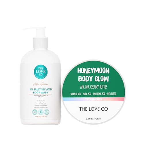 Image of THE LOVE CO 02% Salicylic Acid Body Wash +10% AHA + 2% BHA Body Butter - Body & Back Acne | Prevents Dry, Rough, Bumpy, and Strawberry Skin | Deep Cleanses Skin - Combo Pack of 2
