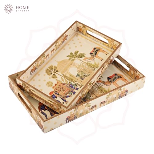 Image of Wooden Serving Tray with Gold Engraving | Set of 2 | Size : 16 x 10 inch & 14 x 8 inch | Enamel Coated Waterproof | Rectangular | Decorative Trays | Royal Camel Large & Medium