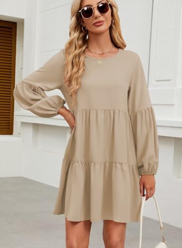 Image of QACOHU Falll Dresses for Women 2026 Crew Neck Long Lantern Sleeve Casual Loose Flowy Swing Shift Dress