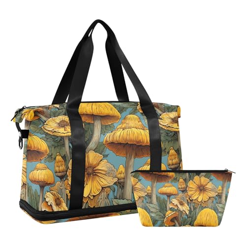 ALAZA Mushrooms Sunflowers Gym Bag Sports Duffel Bag with Shoes Compartment, Overnight Weekender Travel Tote Bag for Women Men Trip College
