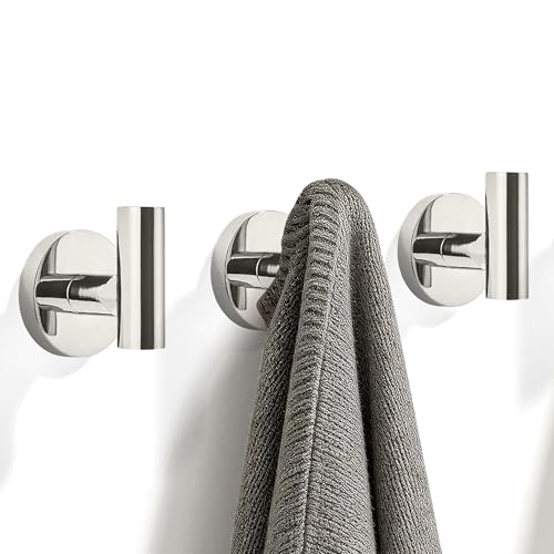 TUNNY 3 Pack Round Bathroom Towel Hooks -Polished Nickel Robe Hooks Coat Hooks Wall Hooks for Bathroom Hooks Bedroom Hooks Kitchen Hooks