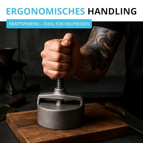 Profi Burgerpresse Hamburgerpresse Ø 100 mm Aluminium - Pattyauswerfer Anti-Haft-Prägung | Aluguss-Presse für perfekte Burger Hamburger | Pattie Maker Patty Former - hochwertige Hackfleischpresse