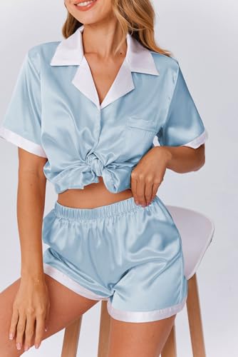 Image of Ekouaer Womens Silk Satin Pajama Set Short Sleeve PJs 2 Piece Button Down Top and Shorts Notch Collar Sleepwear Sets Soft Pjs | Soft sleepwear with pockets, botton down lounge sets, ideal for Home relaxation, Wedding, Party, Daily Wear & Breastfeeding