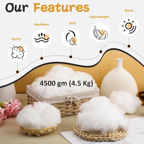 Image of Soft 4.5 Kg Fiber, Racron Polyester Synthetic Cotton Filling for Cushion, Pillow, Teddy Bear, Toy Stuffing (4.5 Kg, Pure Virgin Fiber, White) (Vacuum Packed)