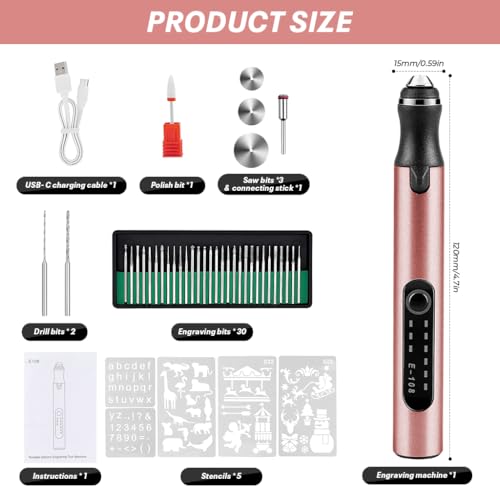 Image of Serplex Electric Engraving Pen with 37 Bits 4.2V USB Rechargeable Cordless Engraving Machine with 3-Speed 5000-18000 RPM Portable DIY Rotary Engraver for Jewelry Wood Glass Stone Crafts-Rose