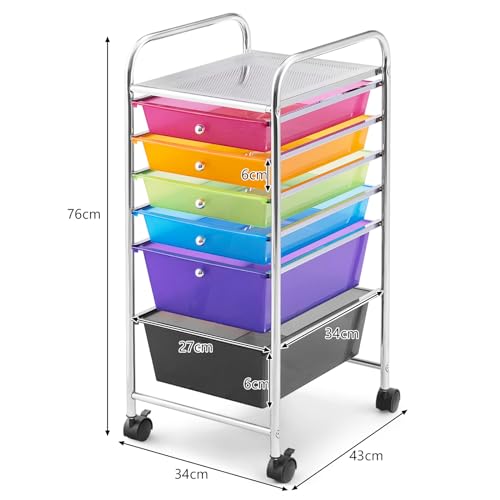 Miniatura 3 de Giantex Carro De Almacenamiento Con 6 Cajones, Cajonera Con 4 Ruedas 2 Con Frenos , Tablero Y Marco De Metal, Cajones Plásticos, Carrito Auxiliar Para Oficina, Dormitorio, Baño Colorido