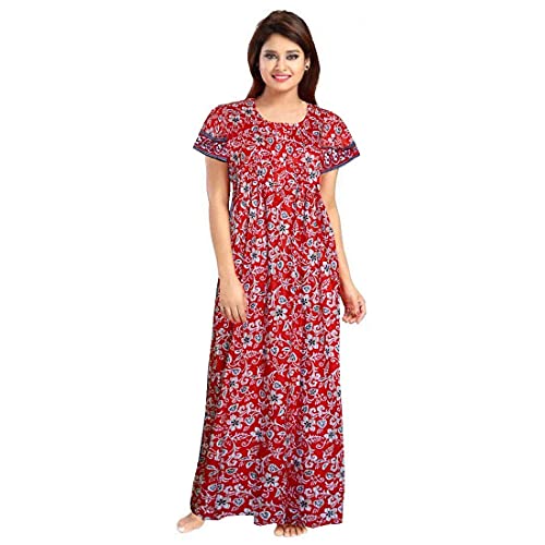 Image of WiWi Nighty for Women Cotton Printed Maxi Gown Ankle Length Nighty Night Dress Gown for Women Maxi - Free Size (Pack of 2) Blue & Red