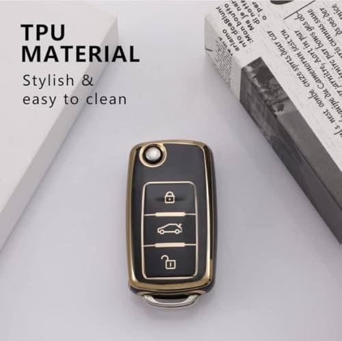 Image of TPU Car Key Cover Black & Golden Compatible for Skoda Rapid, Laura, Superb, Octavia, Fabia, Yeti (Skoda, 3 Button Flip Key)