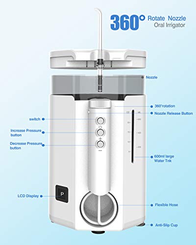 Nicefeel Water Flosser, Dental Oral Irrigator by 10 Adjustable Water Pressure Remote-Control Handle Design 600ml Water Capacity with 7 Multifunctional Jet Tips for Family Teeth Brace Clean - Thumbnail 4
