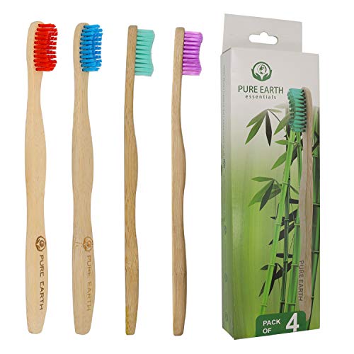 Natural Toothbrush Bamboo for Adults-Brush with Bamboo Toothbrushes, Biodegradable Toothbrushes Soft Bristles for Dental Care and Sensitive Gums by Pure Earth Essentials (Pack of 4, Assorted Colors)