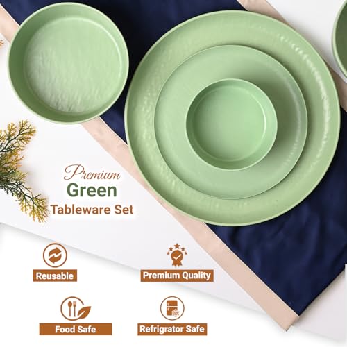 Image of MARKET 99 Green Hammered Melamine Dinner Set of 20 Pcs | 6 Full Plates, 6 Quarter Plates, 6 Soup Bowls & 2 Serving Bowls | Glossy Round Food Safe & Refrigerator Safe Dinnerware Set