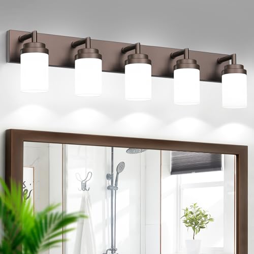 Image of Bathroom Light Fixtures, Oil Rubbed Bronze Bathroom Lighting Fixtures Over Mirror, Modern Vanity Light with White Glass Shade, Restroom Lighting Fixtures, 5-Light 36-inch