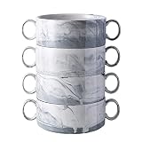 Yundu 26 Ounces Grey Marble Porcelain Bowls with Handles, French Onion Soup Bowls, Microwave and Ove