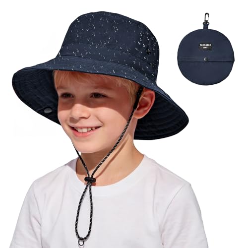 Waterproof Kids Swim & Sun Hat-Quick Dry Packable Travel Bucket Hat Adjustable,UV Protection Suit for Boys Girls 2-12 Years Navy Blue 2-6T