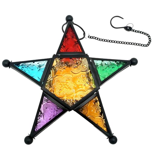 Decoración de pared interior con cadena colgante, linterna de cristal hecha a mano, adornos de estrella marroquíes, portavelas de cristal en forma de estrella para jardín y patio