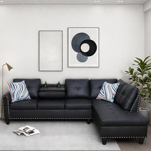 GlasFlength L Shaped Couch, Modular Sectional Sofa with Chaise, Modern Modular Sofas Furniture Sofa Couches for Living Room/Apartment/Office/Bedroom, Black