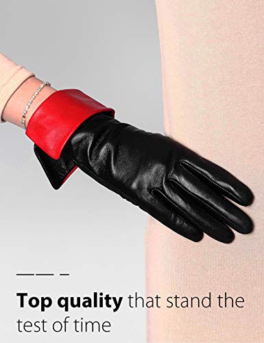 Yiseven Women's Touchscreen Sheepskin Cuffed Leather Gloves Diva Stylish Black Red 8.0/Xl #TOP3