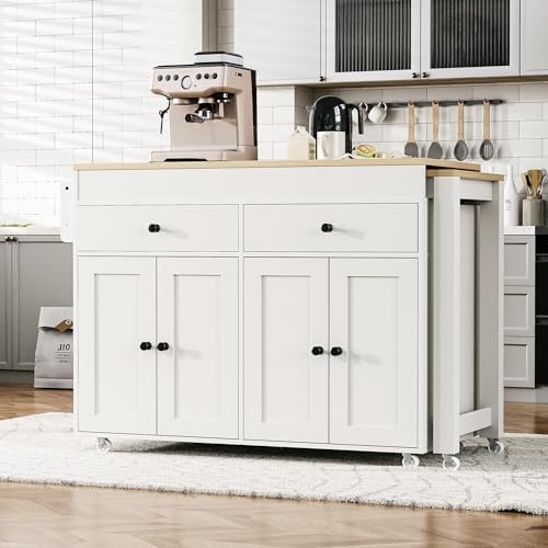 74.5 Inch White Kitchen Island with Extendable Dining Table, Rolling Wheels, Spice Rack, 2 Drawers & 4 Door Cabinet for Dining Room & Storage Solutions