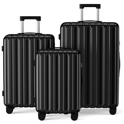 SHOWKOO Luggage Sets 3 Piece 100% PC Ultra Tough Hardside Expandable Suitcases Sets with TSA Lock Double Spinner Wheels (20in/24in/28in Black