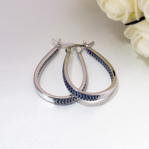 Cinily 925 Sterling Silver Post Big Sapphire Blue Cubic Zirconia Hoop Earrings For Women Teen Girls Large Oval Chunky Hoop Earrings 14K White Gold Plated Gemstone Earrings #TOP6